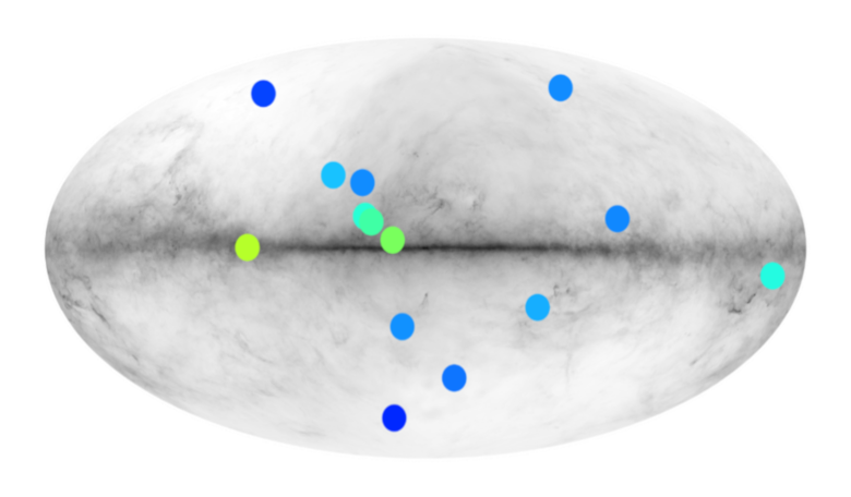 Fourteen celestial sources identified with Fermi could be stars made of antimatter; yellow/green indicates bright gamma-ray sources and blue shows dim sources . Image: Simon Dupourqué/IRAP