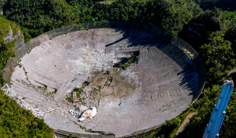 One of Arecibo's remaining suspension cables has broken, sending the 900-ton instrument platform crashing into the dish. RICARDO ARDUENGO/AFP 