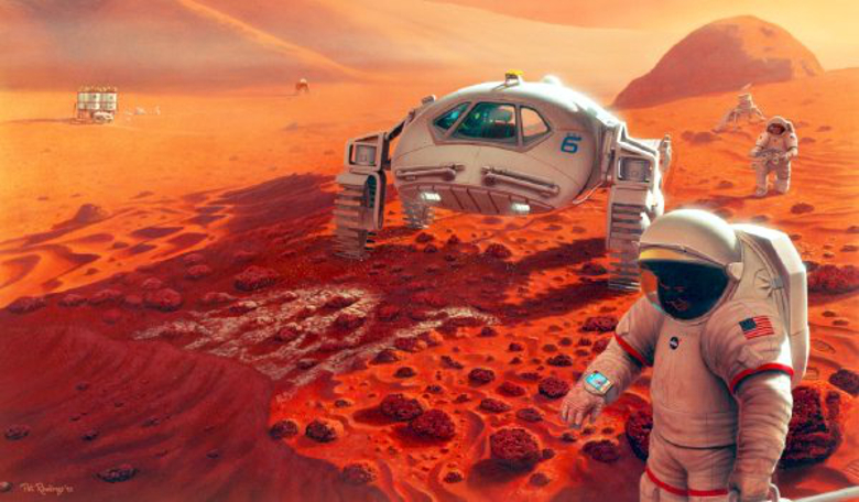 An artists impression of astronauts collecting samples on Mars. Image: NASA