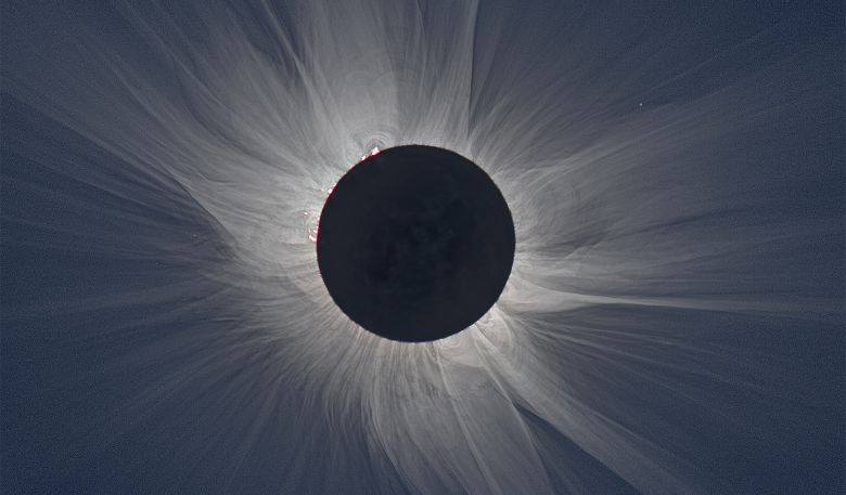 An eclipse of the sun showing the glowing white corona. Image: NASA, S. Habbal, M. Druckmüller, and P. Aniol