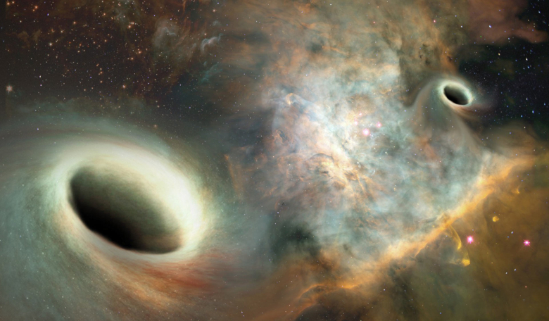 Artist’s conception of two black holes before merging together, events that can release powerful gravitational waves which can be detected with LIGO and Virgo. Image: Josh Valenzuela, University of New Mexico.