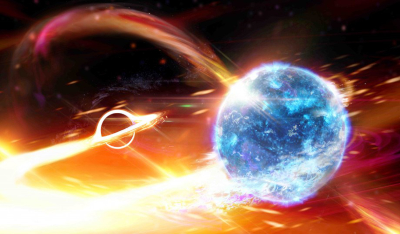 An artist's depiction of a black hole swallowing a neutron star. Image: Carl Knox/OzGrav ARC Centre of Excellence