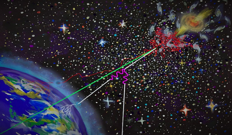 This image illustrates the 'multi-messenger' emission from a gigantic reservoir of cosmic rays that are accelerated by powerful jets from a supermassive black hole. Image: Kanoko Horio