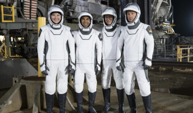 NASA’s SpaceX Crew-3 astronauts, from left, Kayla Barron, Raja Chari, Thomas Marshburn and Matthias Maurer, at Launch Pad 39A with the Falcon 9 and Crew Dragon behind them during rehearsal for their impending flight to the ISS. Image: SpaceX