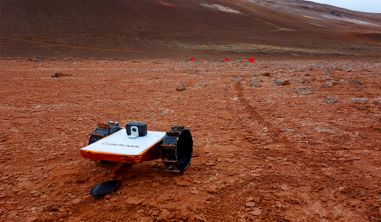 Looking eerily like a martian landscape, this CubeRover is actually operating in an area near the former Apollo astronaut training ground. Image: CubeRover