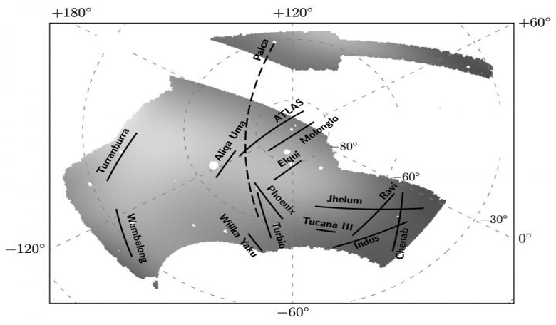 This image shows the full area of sky mapped by the Dark Energy Survey and the 11 newly discovered stellar streams. Image: Dark Energy Survey