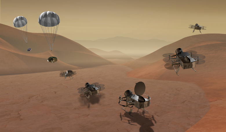 Dragonfly is a dual-quadcopter lander that would take advantage of the environment on Titan to fly to multiple locations, some hundreds of miles apart, to sample materials and determine surface composition. Image: NASA