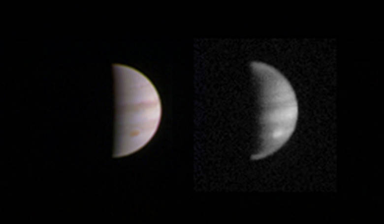 This dual view of Jupiter was taken on 23rd August, when NASA’s Juno spacecraft was 4.4 million kilometers from the gas giant planet on the inbound leg of its initial 53.5-day capture orbit. Credits: NASA/JPL-Caltech/SwRI/MSSS