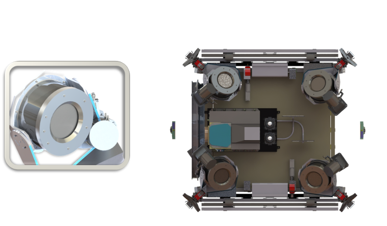 Image represents the stowed configuration (prior to launch, and upon release from launcher) of the four radio frequency ion thrusters that will be used to propel the SPACE DRONE™ spacecraft. Image: Effective Space