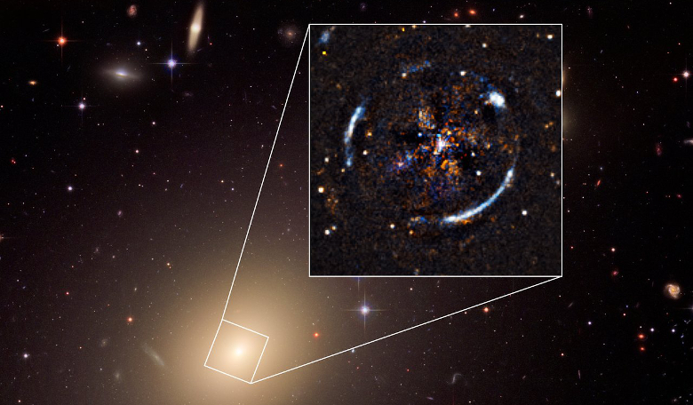 An image of the nearby galaxy ESO 325-G004, created using data collected by the HST and the MUSE instrument on the VLT. The inset shows the Einstein ring resulting from the distortion of light from a more distant source. Image: ESO, ESA/Hubble, NASA