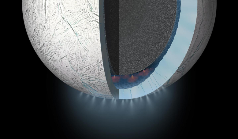 Using new geochemical models, SwRI scientists found that CO2 in Enceladus' ocean may be controlled by chemical reactions at the seafloor. Image: NASA/JPL-Caltech