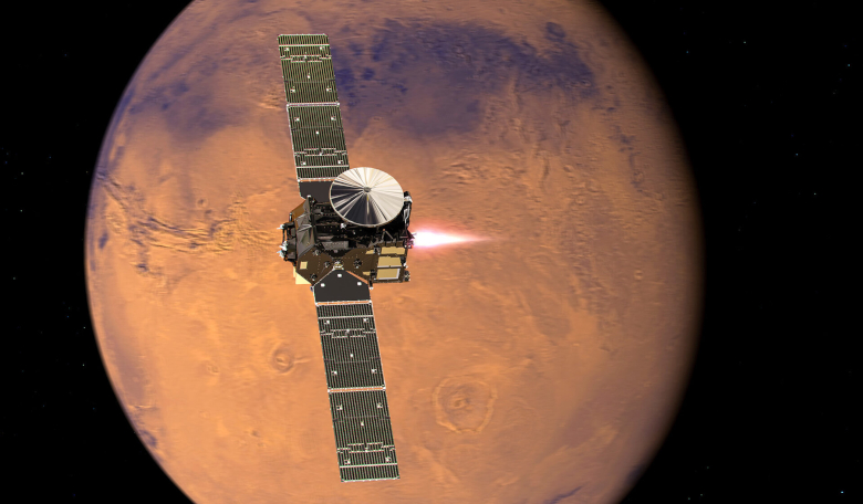 The ExoMars TGO in orbit around Mars. Two new studies out this week include the first detection of a new gas by the TGO and the discovery that water vapour is being lost from the Red Planet. Image: ESA