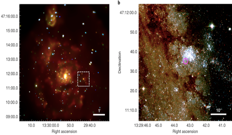 a) Chandra/ACIS-S image of the Whirlpool Galaxy, M51. M51-ULS-1 is the orange source at the centre of the white box. b) HST image. The magenta circle marks the X-ray position of M51-ULS-1. Image: taken from Di Stefano et al., Nat. Astron., 2021