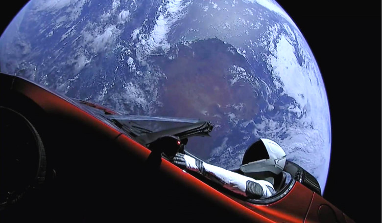 Elon Musk's red Roadster in Earth orbit. Image: SpaceX