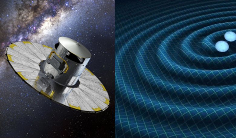 An artists impression of the Gaia spacecraft alongside a visualisation of gravitational waves. Images: ESA & NASA