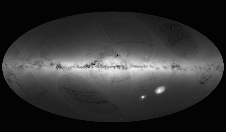 An all-sky view of stars in our Galaxy and neighbouring galaxies, based on the first year of observations from ESA’s Gaia satellite, from July 2014 to September 2015. Image: ESA/Gaia/DPAC