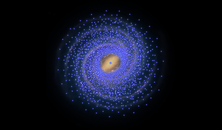 n artist's impression of the implied distribution of young stars, represented here by Cepheids shown as blue stars. Except for a small clump in the Galactic centre, the central 8,000 light years has very few Cepheids. Image: The University of Tokyo