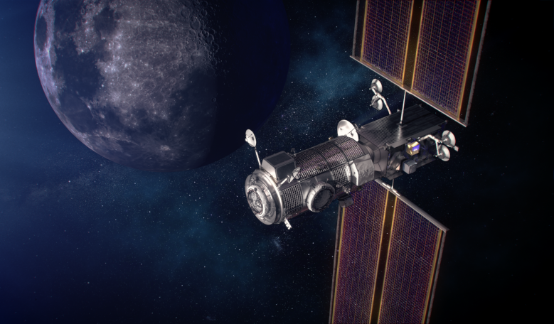 An illustration of the Gateway's Power and Propulsion Element (PPE) and Habitation and Logistics Outpost (HALO) in orbit around the Moon in 2024. Image: Wikimedia