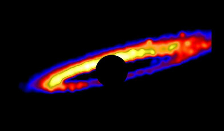 An image of the HD 106906 stellar debris disk, created by Erika Nesvold's simulation, showing the ring of rocky and icy planet-forming material rotating around the star. Image: Erika Nesvold/Carnegie Institution for Science