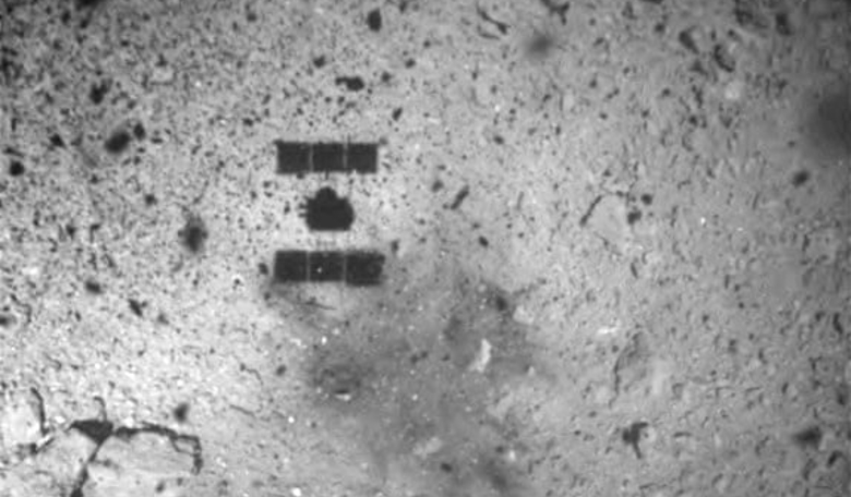 The Hayabusa 2 space probe after landing on the Ryugu asteroid. The picture was taken by its ONC-W1 camera. Photograph: Japan Aerospace Exploration Agency (JAXA)/Reuters