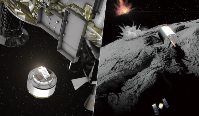 Artist’s illustration of Hayabusa 2’s impactor experiment. Credit: JAXA