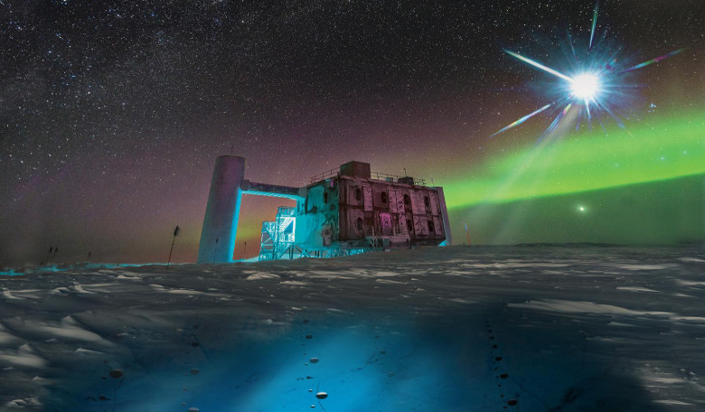 n this artistic rendering, based on a real image of the IceCube Lab at the South Pole, a distant source emits neutrinos that are detected below the ice by IceCube sensors. Image: IceCube/NSF