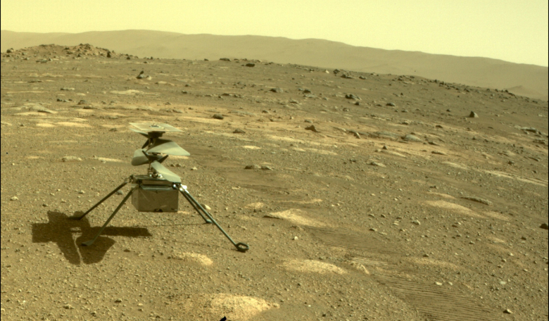 NASA’s Ingenuity helicopter can be seen on Mars as viewed by the Perseverance rover’s rear Hazard Camera on 4 April, 2021, the 44th Martian day, or sol of the mission. Image: NASA/JPL-Caltech