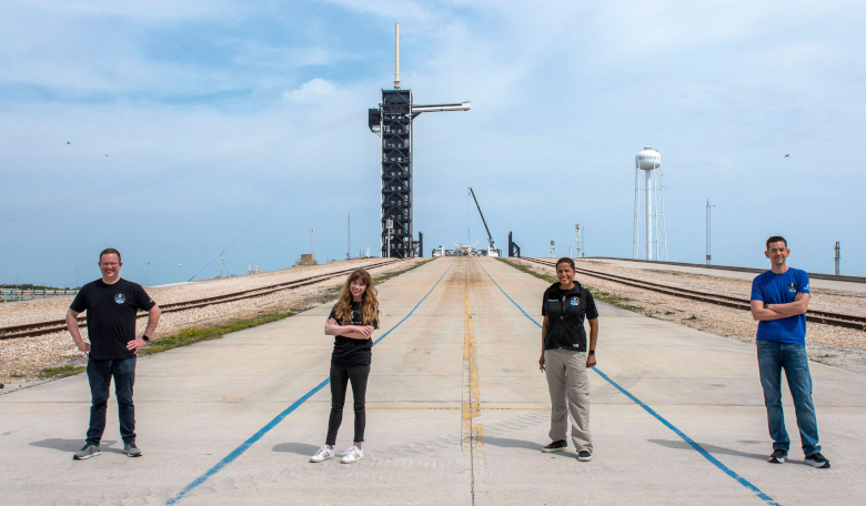 Inspiration4 crew members Chris Sembroski, Hayley Arceneaux, Sian Proctor, and Jared Isaacman are seen at Kennedy Space Center's pad 39A. Image: SpaceX