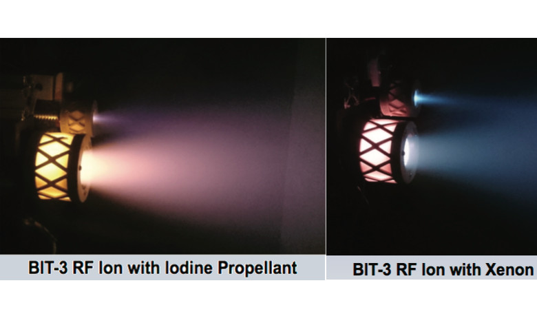 Busek Co. Inc BIT-3 iodine ion thrusters. Image: Busek