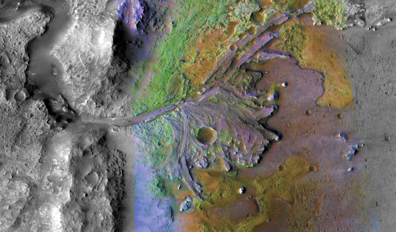 This image of Jezero Crater combines information from two instruments on NASA's Mars Reconnaissance Orbiter, the Compact Reconnaissance Imaging Spectrometer for Mars and the Context Camera. Credits: Credit NASA/JPL-Caltech/MSSS/JHU-APL