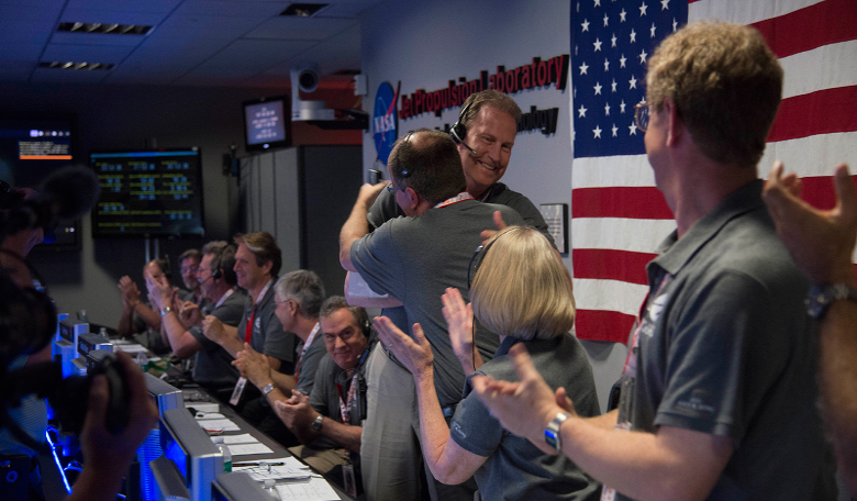 The Juno team celebrates at NASA's Jet Propulsion Laboratory in Pasadena, California, after receiving data indicating that NASA's Juno mission entered orbit around Jupiter. Image: NASA/JPL-Caltech