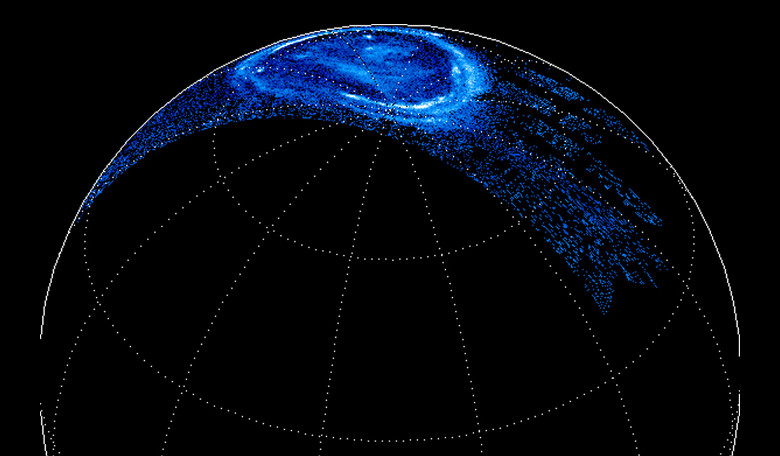 This is a reconstructed view of Jupiter's northern lights through the filters of the Juno Ultraviolet Imaging Spectrograph, as the spacecraft passed over its poles and plunged towards the equator. Image: NASA/JPL-Caltech/Bertrand Bonfond 