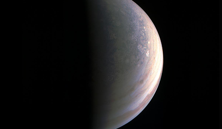 Jupiter's north pole as seen by JunoCam on its 27th Aug, 2016 flyby. Unlike the equatorial region's structure of belts and zones, the poles are mottled with rotating storms of various sizes. Image: NASA/JPL-Caltech/SwRI/MSSS