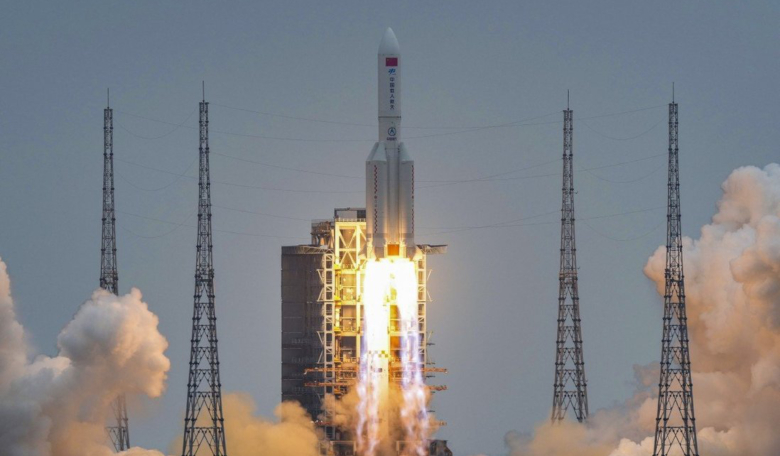 The Long March 5B rocket blasts off from the Wenchang launch site in Hainan last week carrying the first module of China's space station to orbit. Image: Xinhua