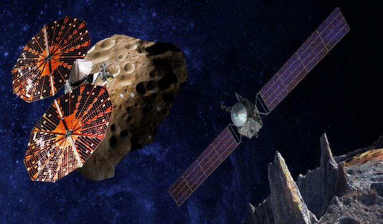 An artist’s conception of the Lucy spacecraft flying by the Trojan Eurybates (left) and Psyche, the first mission to the metal world 16 Psyche (right). Image: SwRI and SSL/Peter Rubin