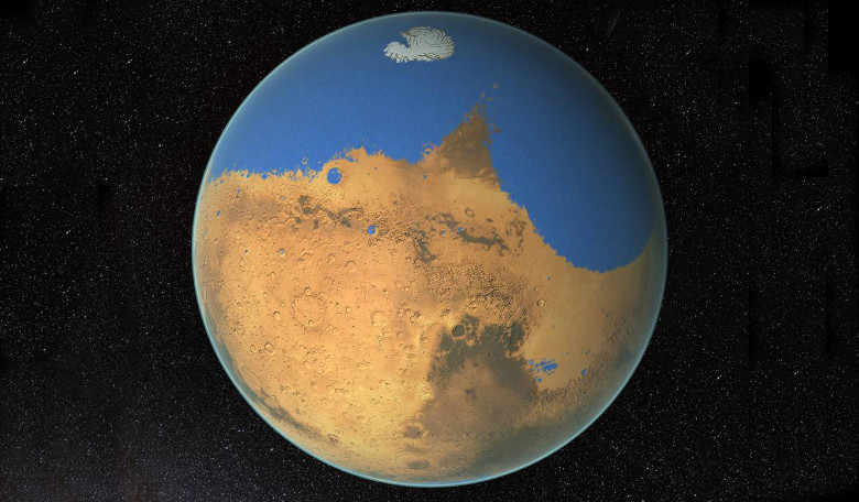 Was Mars once a red and blue planet? Scientists suggest that oceans predated the forming of the Tharsis volcanic plateau. Image: NASA/GSFC