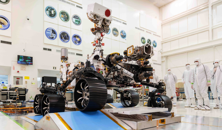 NASA's latest Mars rover, Perseverance, in the clean room getting ready for launch. Image: NASA