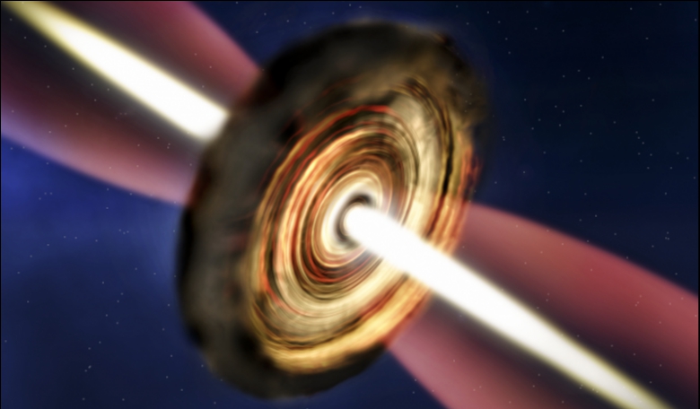 Artist's impression of the disc and outflow around the massive young star. Credit: A. Smith, Institute of Astronomy, Cambridge. 