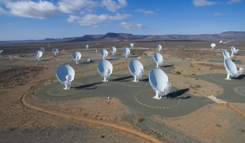 An overview of the MeerKAT radio telescope array currently being built in Karoo, South Africa. Image: SKA