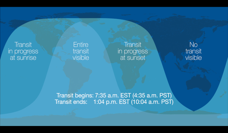 The times for the occurrence of the Mercury transit on 11 Nov, 2019. This map also shows from what parts of the world inhabitants can view the event and when. Image: NASA/JPL-Caltech