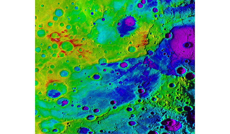 Using colorized topography, Mercury's 'great valley' (dark blue) and Rembrandt impact basin (purple) are revealed in this high-resolution digital elevation model merged with an image mosaic. Image: NASA/JHUAPL/Carnegie Institution of Washington