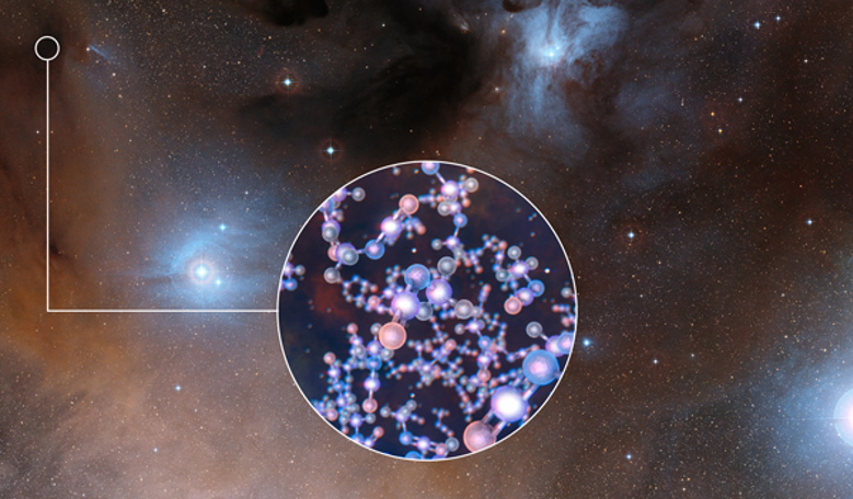 This image shows the spectacular region of star formation where methyl isocyanate was found. The insert shows the molecular structure of this chemical. Credit: ESO/Digitized Sky Survey 2/L. Calçada