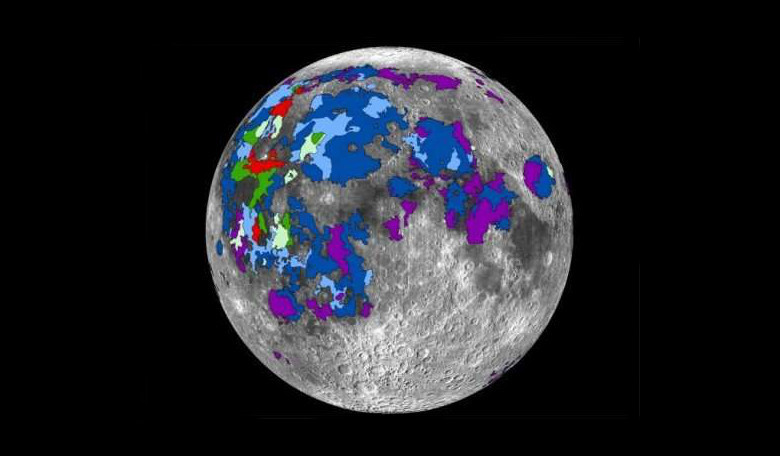 A map of basaltic lavas that emitted gases on the lunar nearside that contributed to the Moon's atmosphere. Image: Debra Needham 