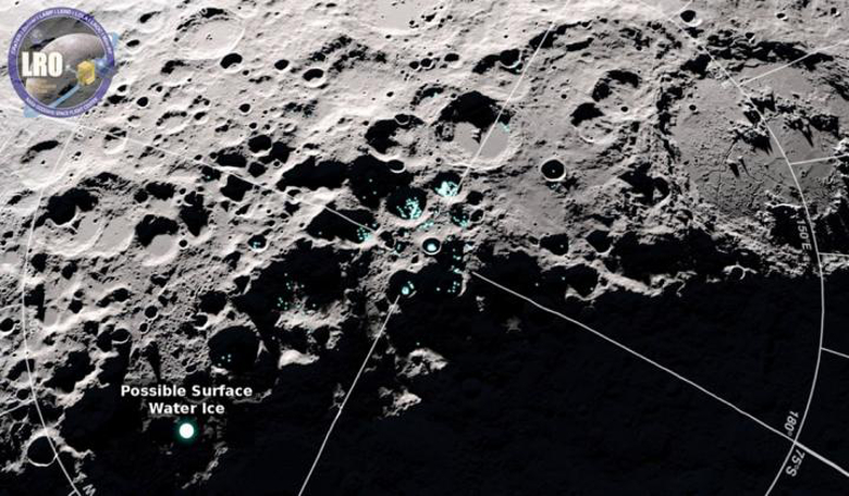 This LRO image of the moon shows areas of potential frost. Image: NASA's Goddard Space Flight Center/Scientific Visualization Studio