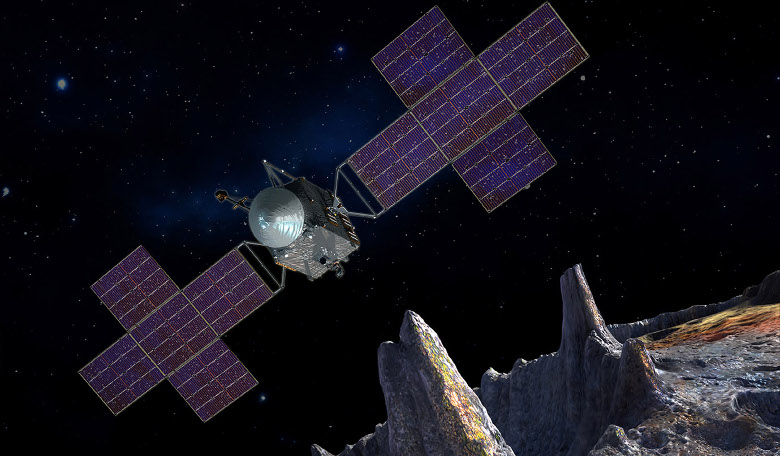 Illustration depicts the spacecraft of NASA's Psyche mission near the mission's target, the metal asteroid Psyche. Image: NASA/JPL-Caltech/Arizona State Univ./Space Systems Loral/Peter Rubin