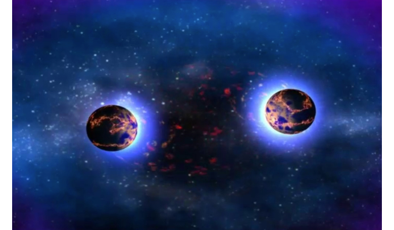 Image depicting the merger of two neutron stars from a horizontal perspective. Image Goddard Media Studios, NASA