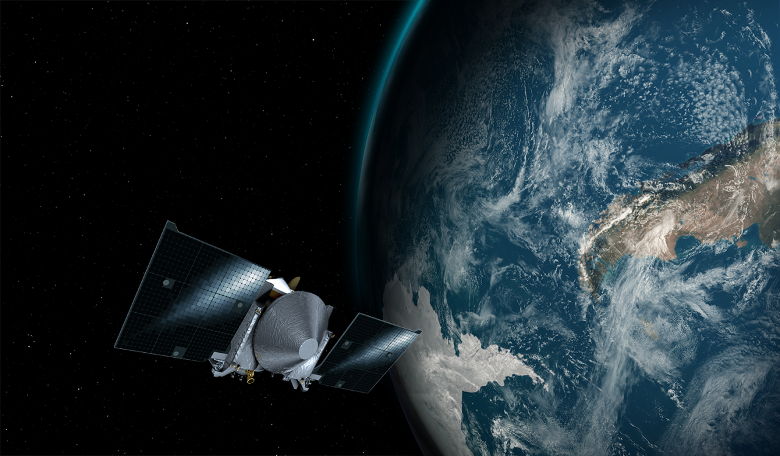 This artist’s concept shows the OSIRIS-REx spacecraft passing by Earth. Image: NASA’s Goddard Space Flight Center/University of Arizona