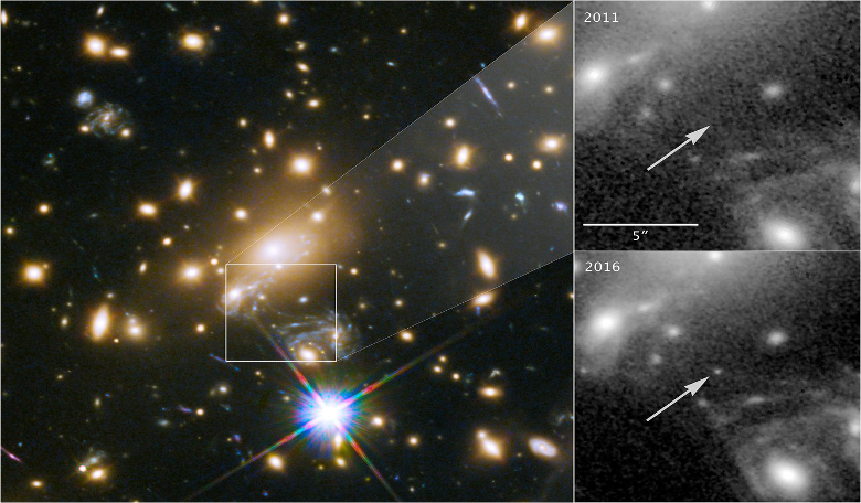 This image composite shows the discovery of the most distant known star using the NASA/ESA Hubble Space Telescope. Image: NASA & ESA and P. Kelly