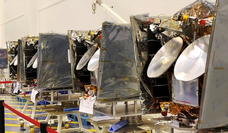 OneWeb satellites aligned in the cleanroom at Airbus Toulouse site, ready for shipment. Image: Airbus