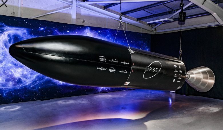 Orbit's sleek new two-stage orbital vehicle named Prime gets its debut at the company's new headquarters in Forres in the Scottish Highlands. Image: Orbex